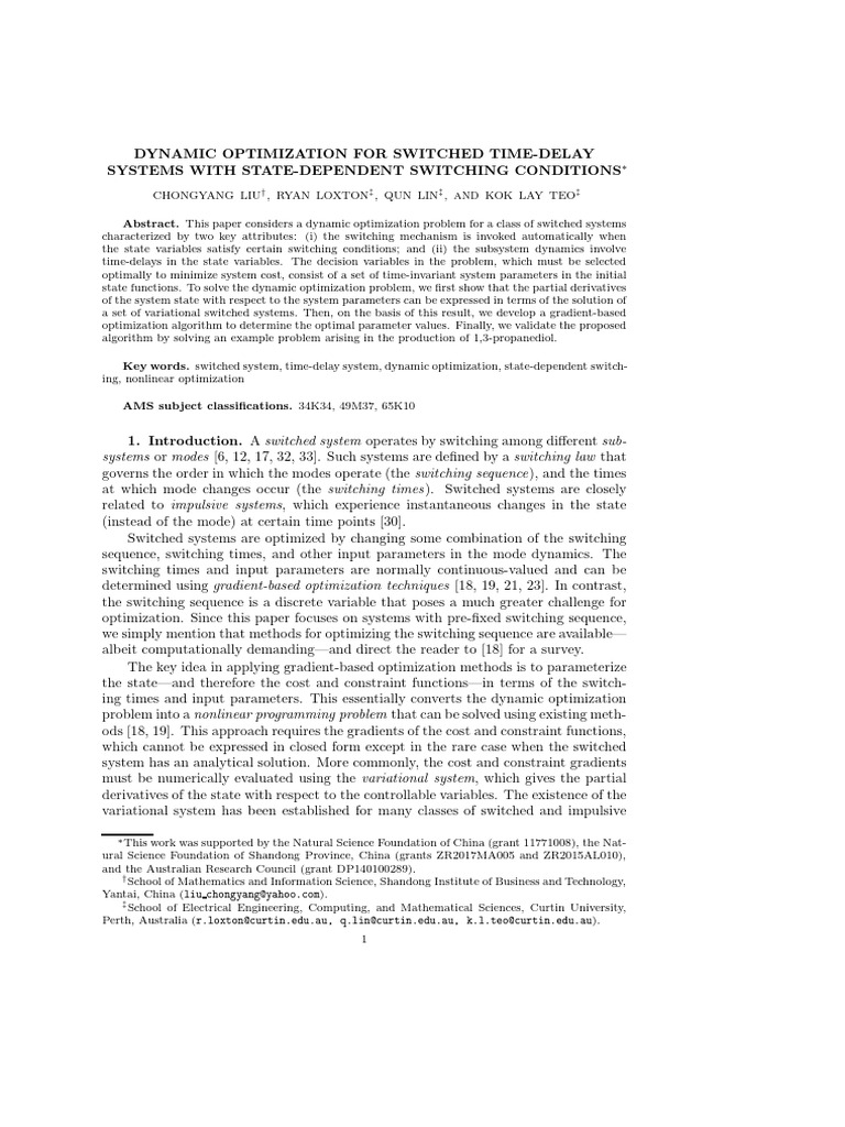 Dynamic Optimization of Time-Delay Switched Systems | PDF ...