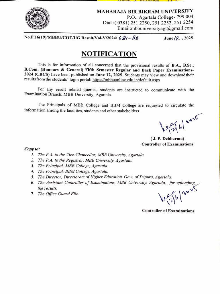 MBB University 2024 B.A., B.Sc., B.Com Results | PDF