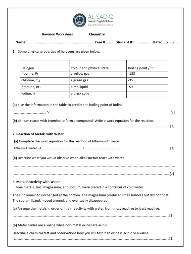 Year 8 Chemistry Revision Worksheet | PDF | Chlorine | Iodine