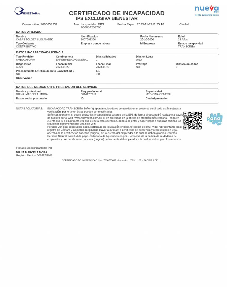 Certificado de Incapacidad 2023 | PDF