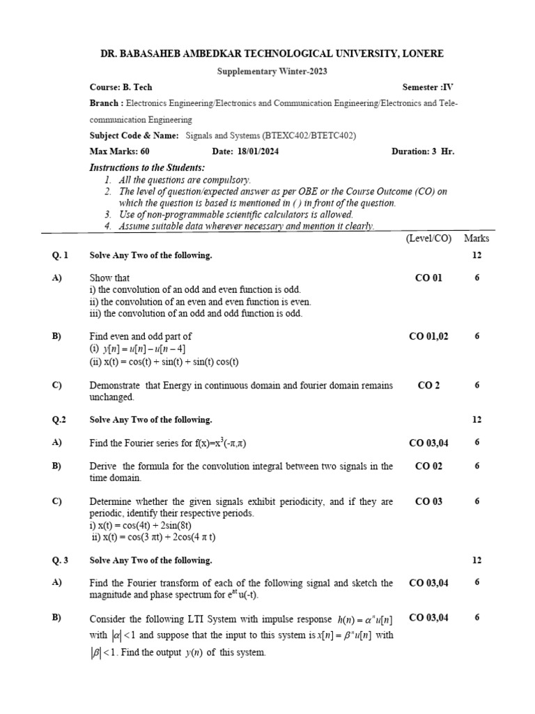 Signals and Systems Exam Winter 2023 | PDF | Applied Mathematics ...