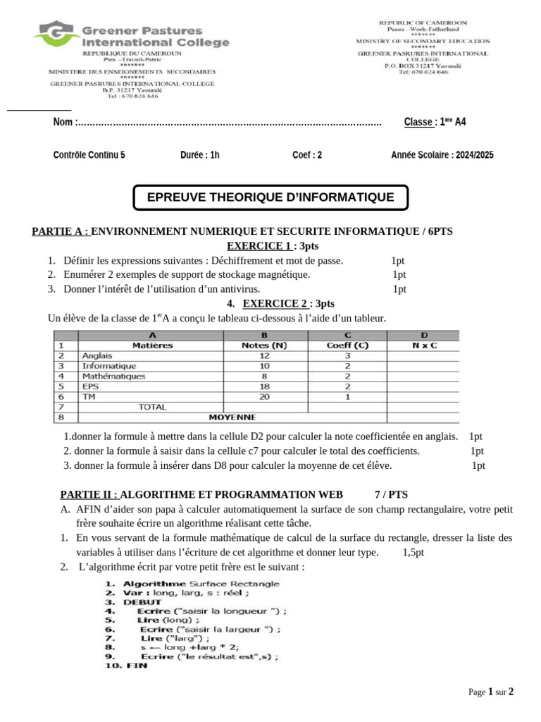Contrôle Informatique 1ère A4 - 2024/2025 | PDF | Génie logiciel ...