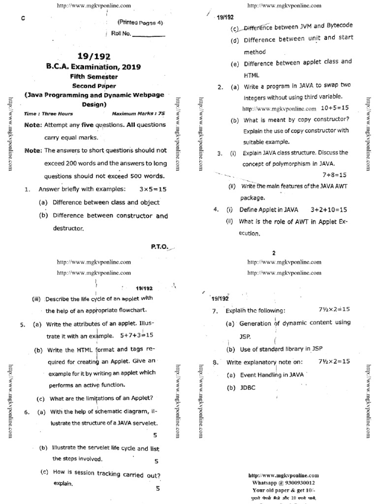 Bca 5 Sem Java Programming and Dynamic Webpage Design 192 2019 | PDF