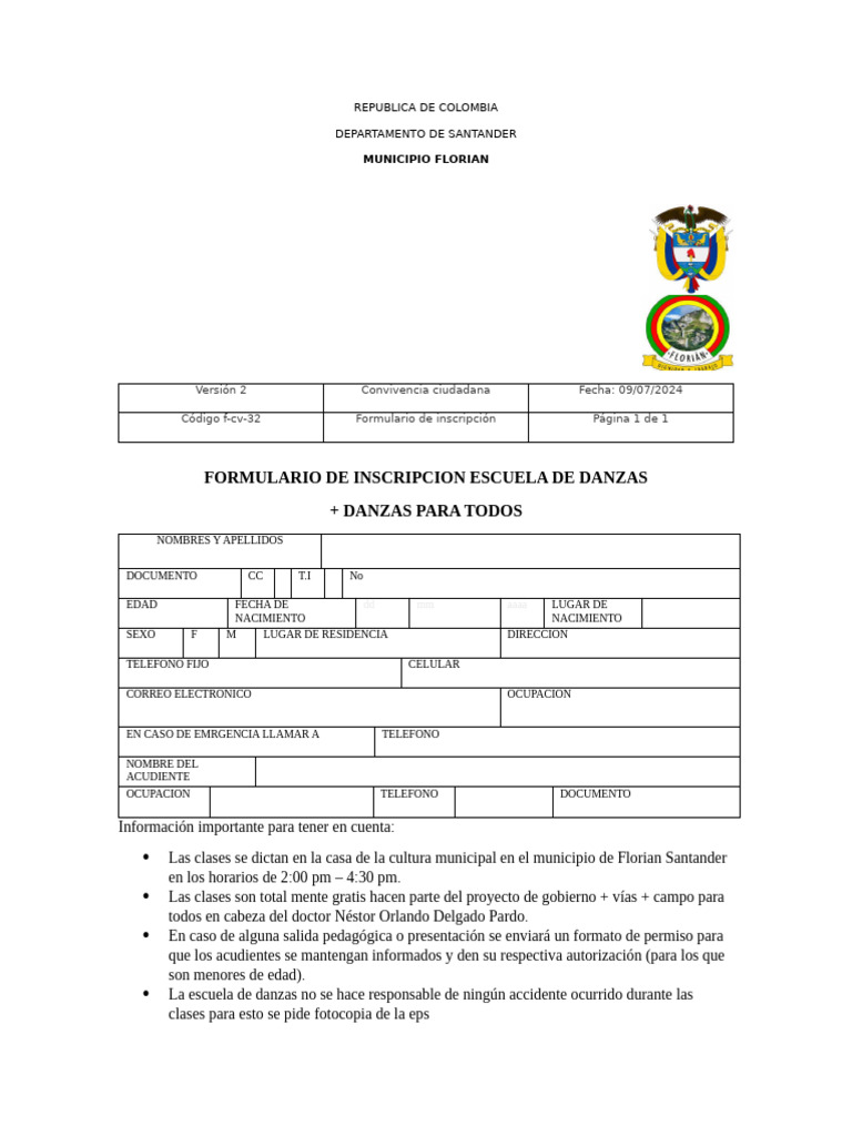 Formulario de Inscripcion Escuela de Danzas | PDF