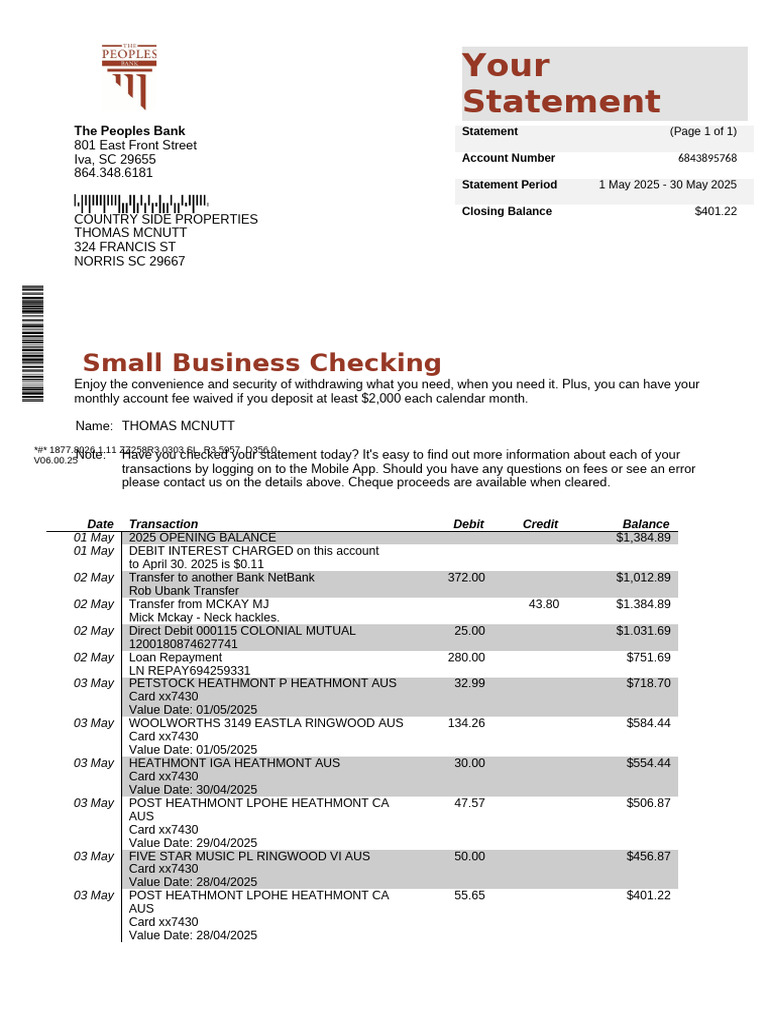 Peoples Bank Small Business Statement | PDF | Banks | Debit Card