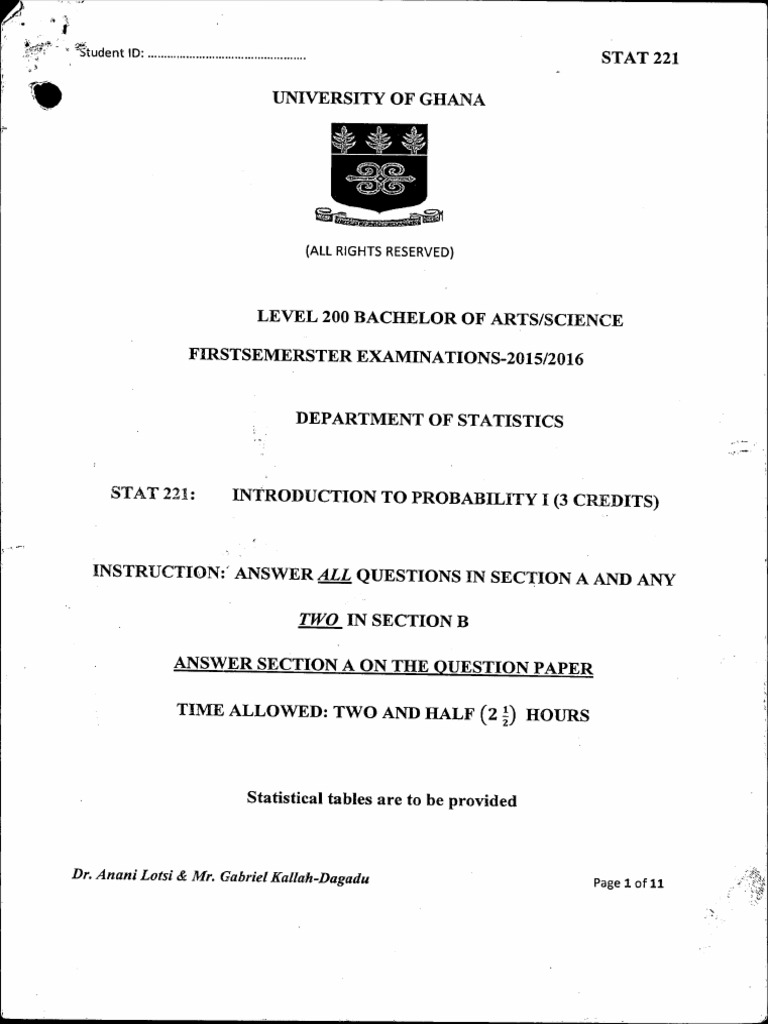STAT 221 Probability Exam Paper | PDF | Probability Density Function ...