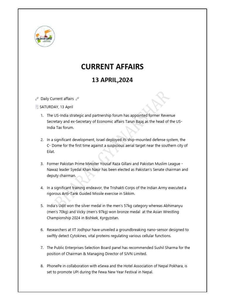 Daily Current Affairs 13.04.2024 | PDF