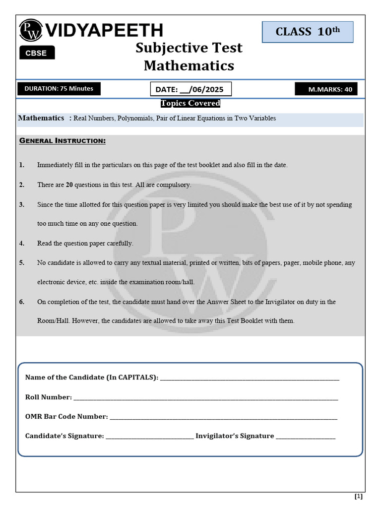 Class 10 Mathematics Test Paper | PDF | Quadratic Equation ...