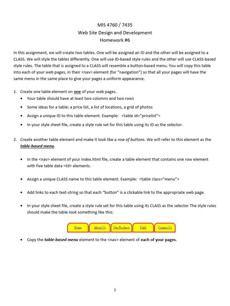 Web Design Homework: Tables & Navigation | PDF