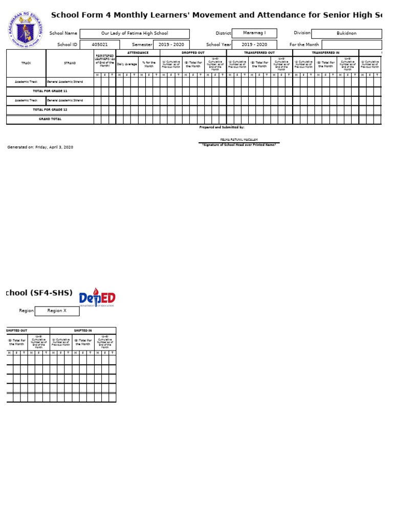 SF4 Monthly Attendance Report 2019-2020 | PDF