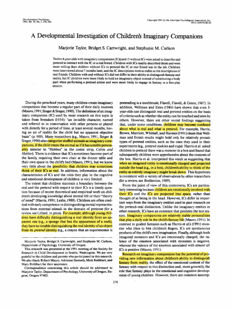 Developmental Investgiation of Imaginary Friends | PDF | Psychology ...