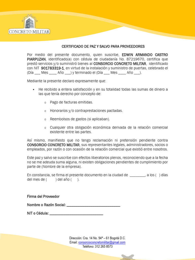 Certificado de Paz y Salvo Proveedores | PDF