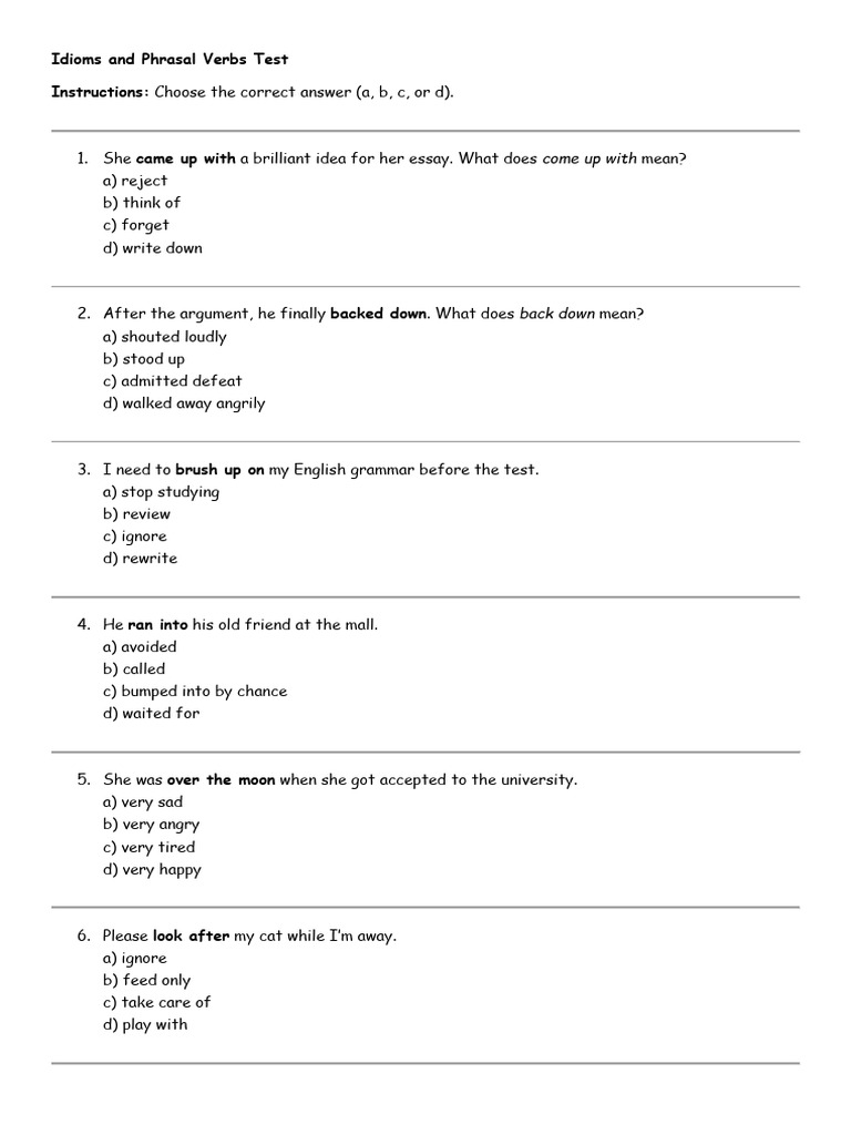 Idioms and Phrasal Verbs Quiz | PDF