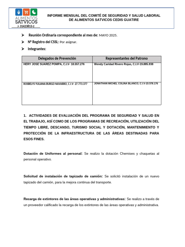 Informe Mensual | PDF | Seguridad y salud ocupacional