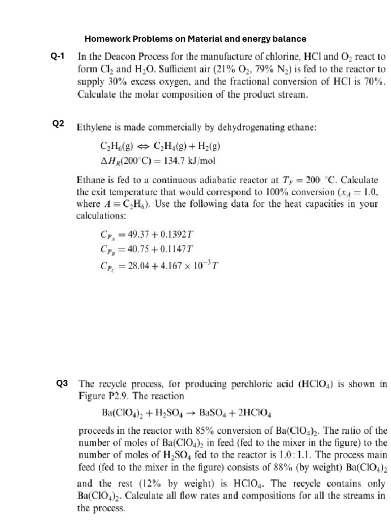 Material and Energy Balance - Homework Problems | PDF
