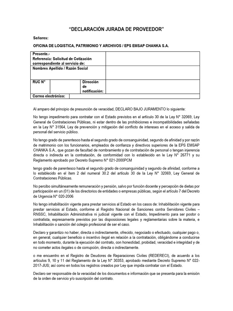 Declaración Jurada de Proveedor EPS EMSAP | PDF | Parentesco