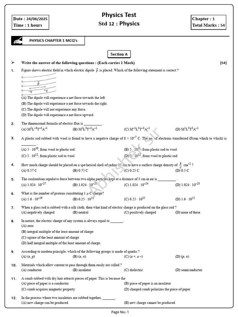 Physics Chapter 1 MCQs for Std 12 | PDF | Electric Charge | Electric Field