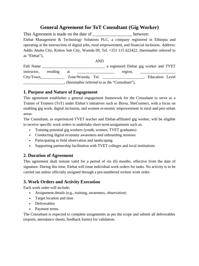 ToT Consultant Agreement for Elebat | PDF | Employment | Labor