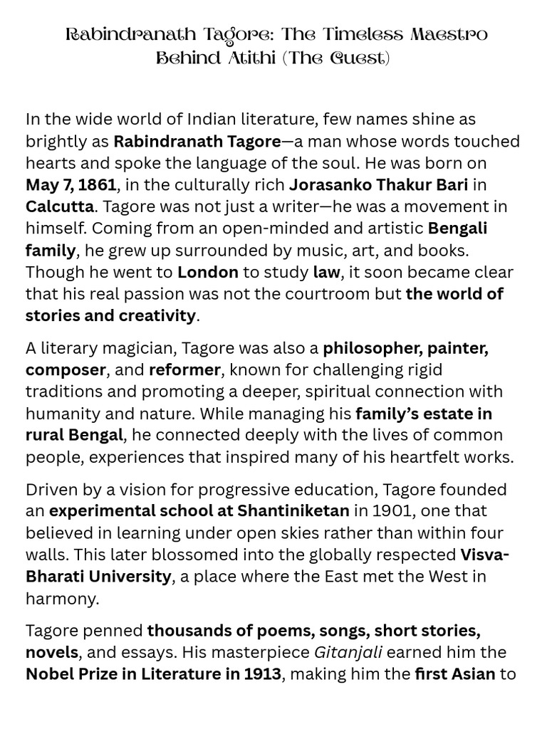 Rabindranath Tagore The Timeless Maestro Behind Atithi (The Guest) | PDF