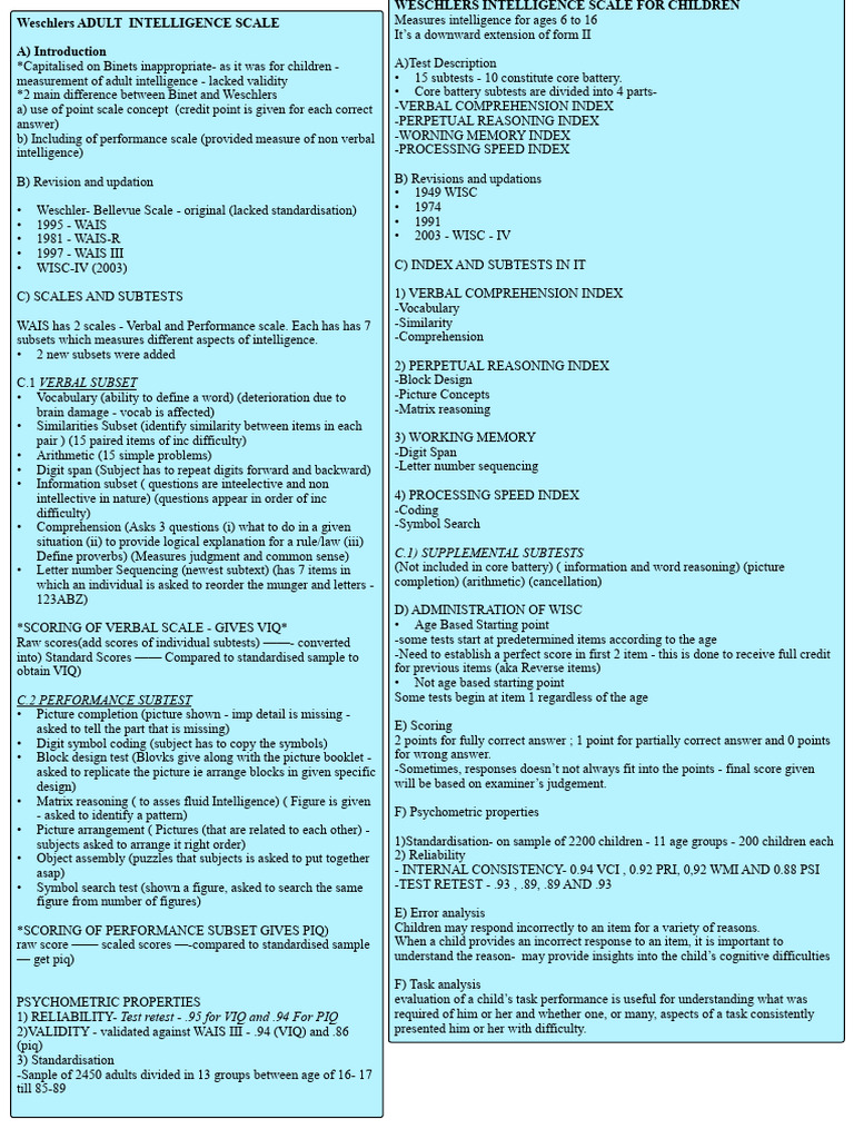 WAIS and WISC: Intelligence Assessment Overview | PDF | Wechsler Adult ...