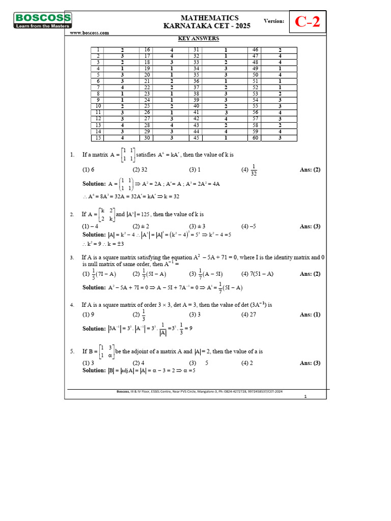 CET 2024 Mathematics Key Answers | PDF | Algebra | Mathematical Analysis