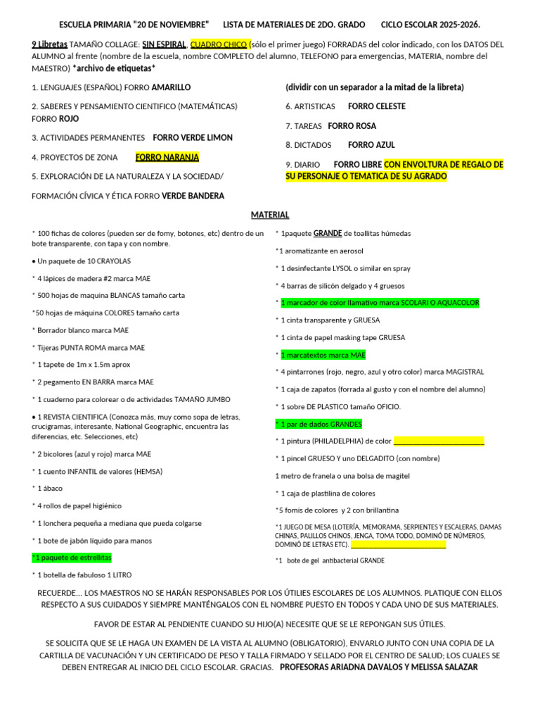 Lista de Útiles 2do Grado 2025-2026 | PDF | Color | Tecnicas artisticas