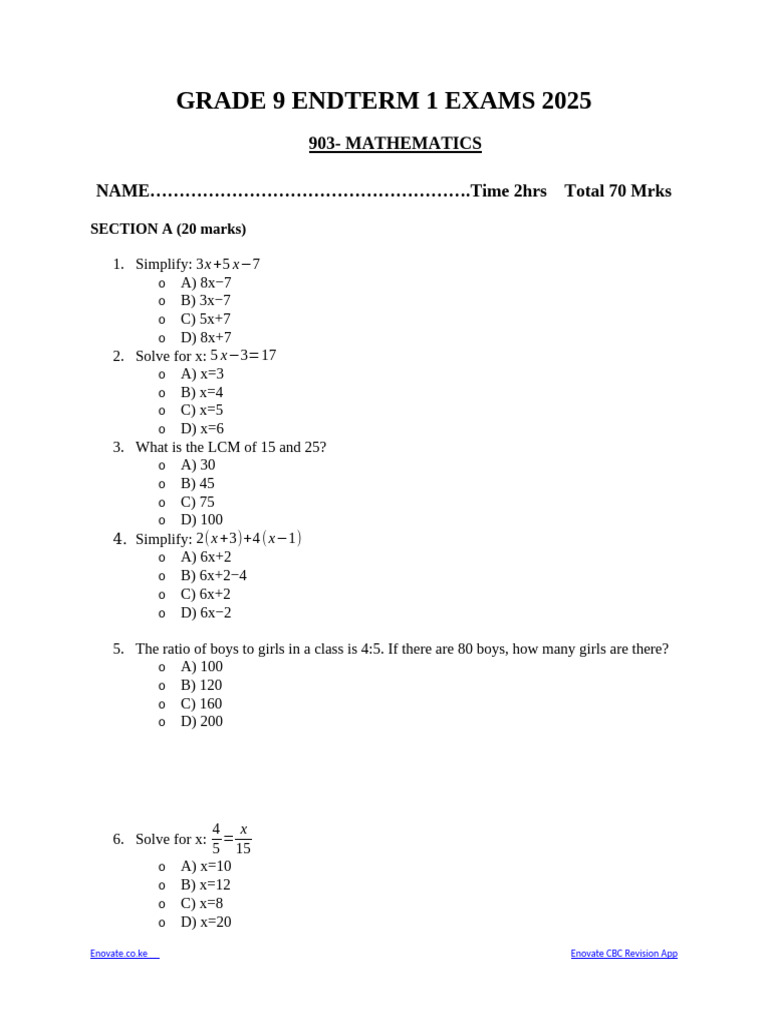 Grade 9 Mathematics Exam 2025 | PDF | Area | Elementary Mathematics
