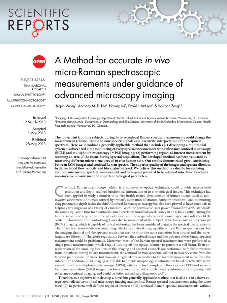 In Vivo Micro-Raman Spectroscopy Method | PDF | Raman Spectroscopy ...