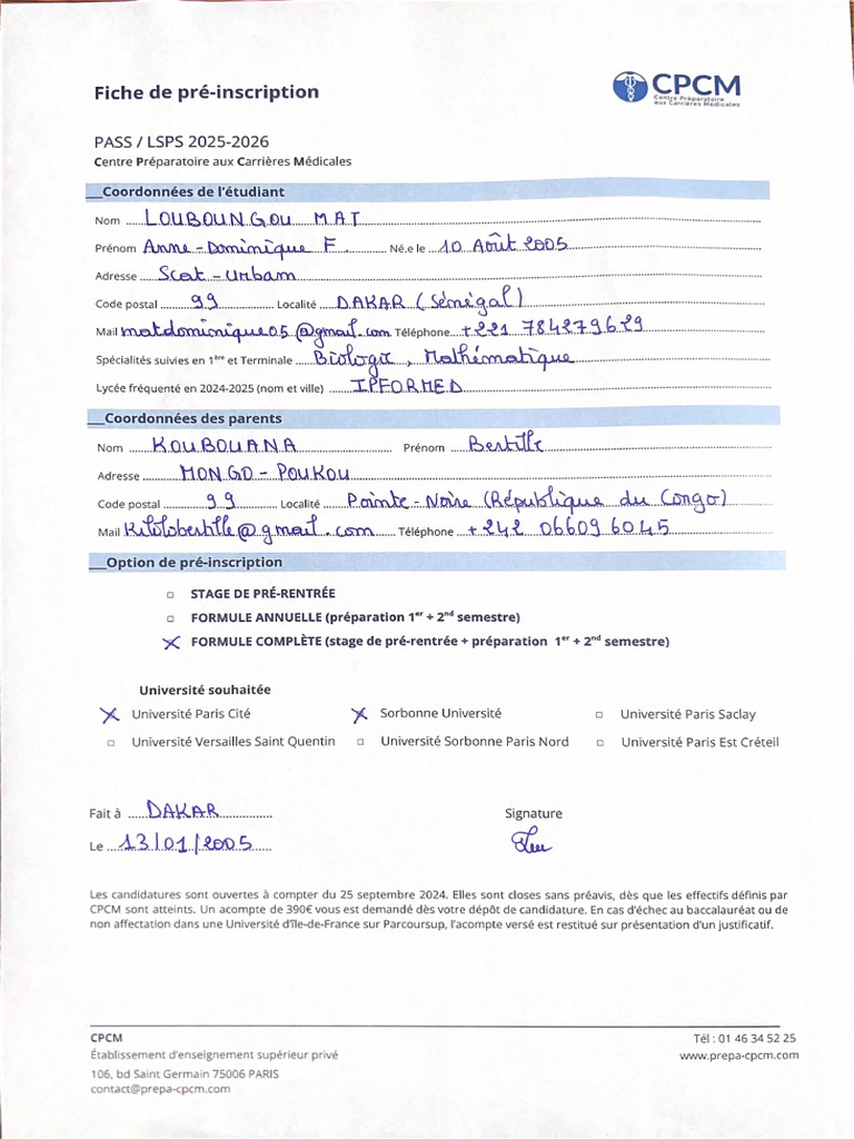 Fiche de Pré-Inscription | PDF