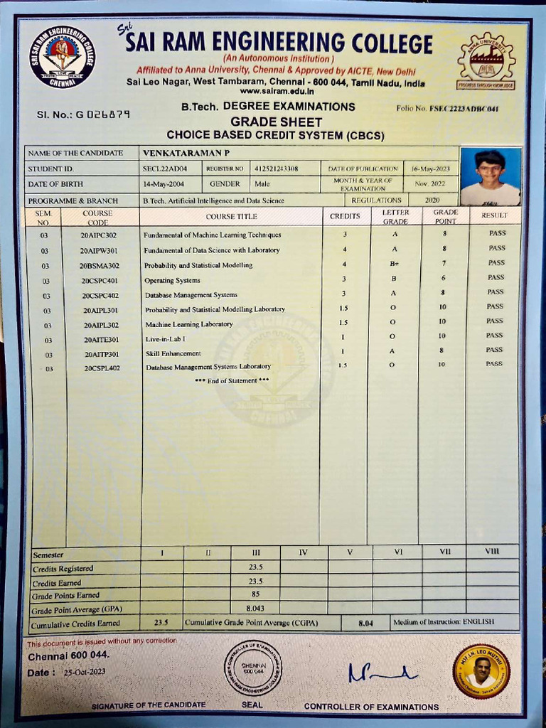 B.Tech AI & Data Science Grade Sheet | PDF | Course Credit | Applied ...