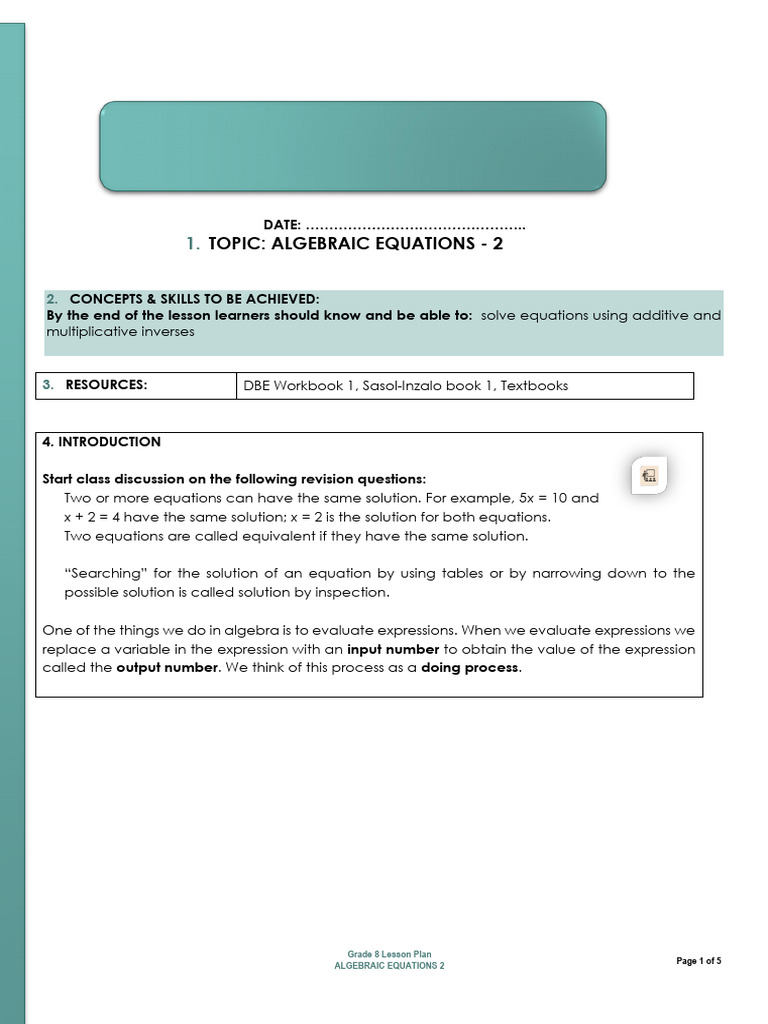 Grade 8 Algebraic Equations Lesson | PDF | Equations | Algebra