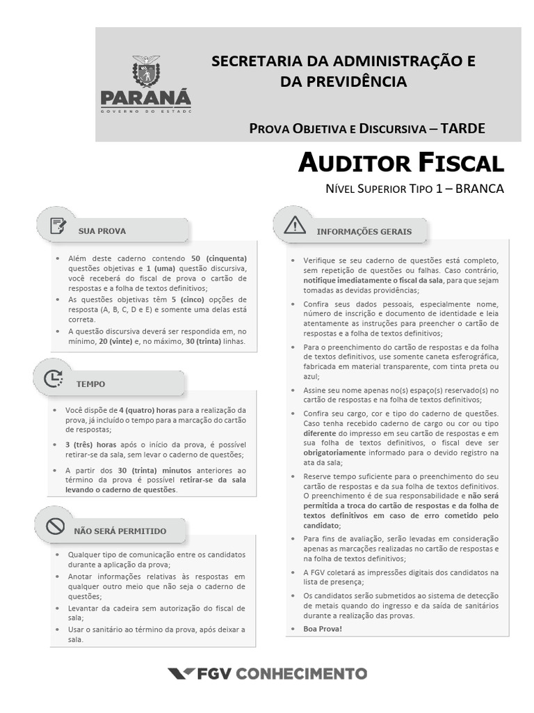 Prova Auditor Fiscal: Instruções e Questões | PDF | Politica fiscal ...