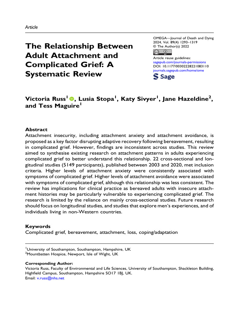 The Relationship Between | PDF | Grief | Attachment Theory