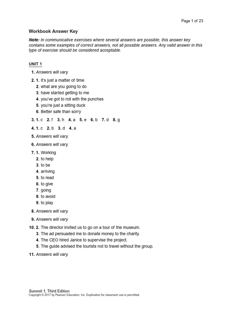 Summit 1 Workbook Answer Key | PDF