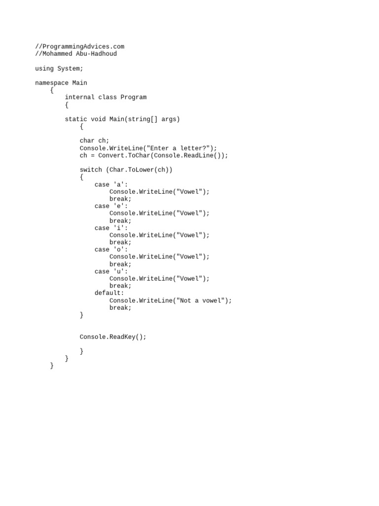 C++ Switch Case for Vowel Check | PDF