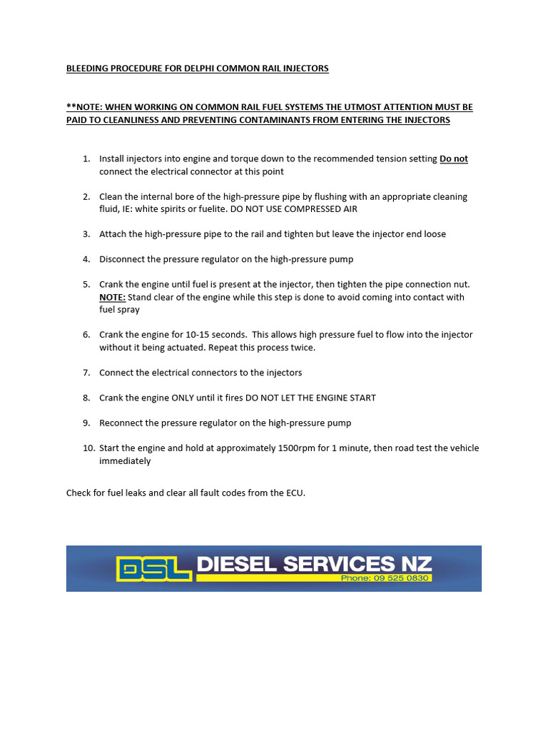 Delphi Common Rail Injector Bleeding Guide | PDF