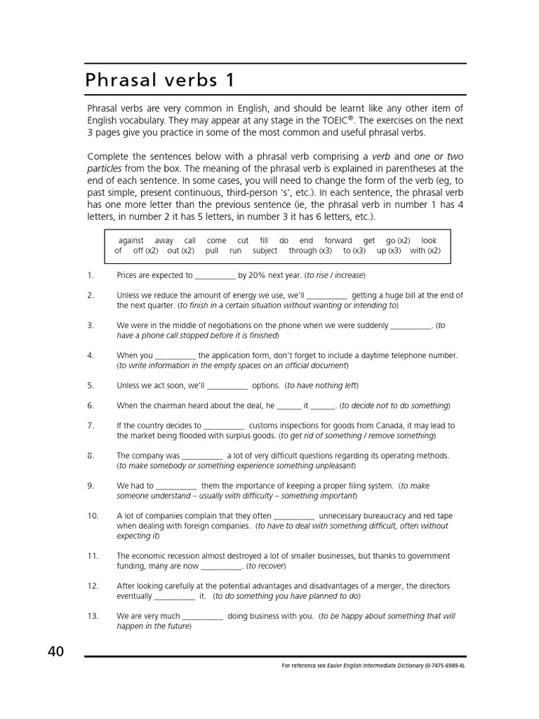 TOEIC Phrasal Verbs Practice Exercises | PDF | English Language | Verb