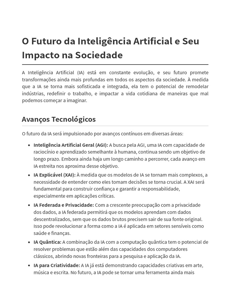 Futuro da IA: Impactos e Desafios Sociais | PDF | Inteligência ...