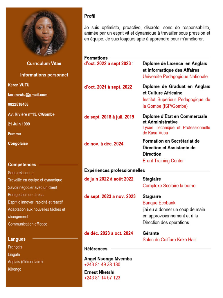 CV de Keren Vutu - Compétences et Formations | PDF