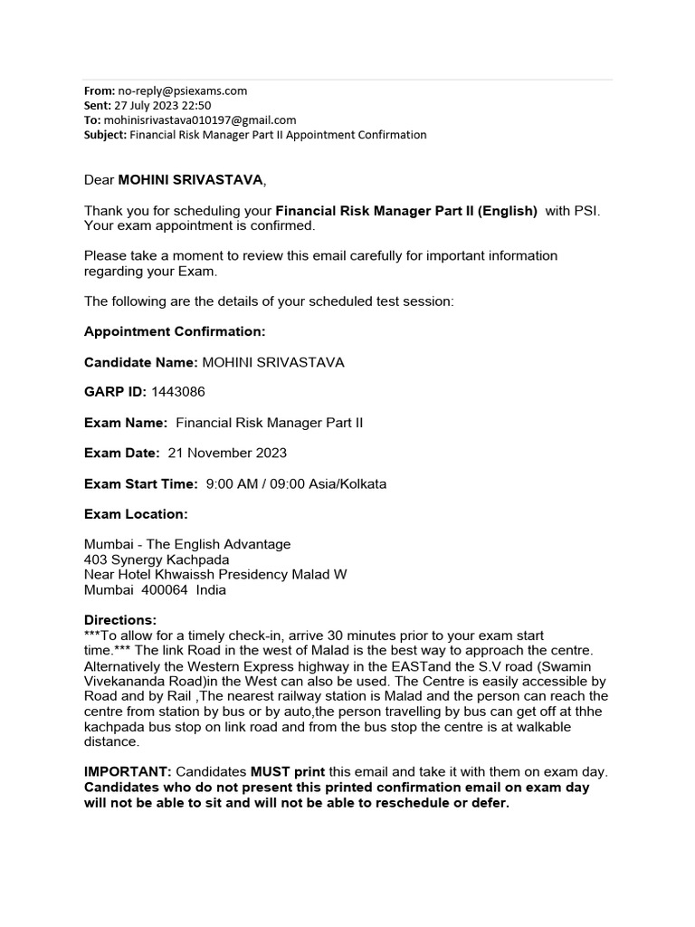 Financial Risk Manager Exam Confirmation | PDF | Driver's License