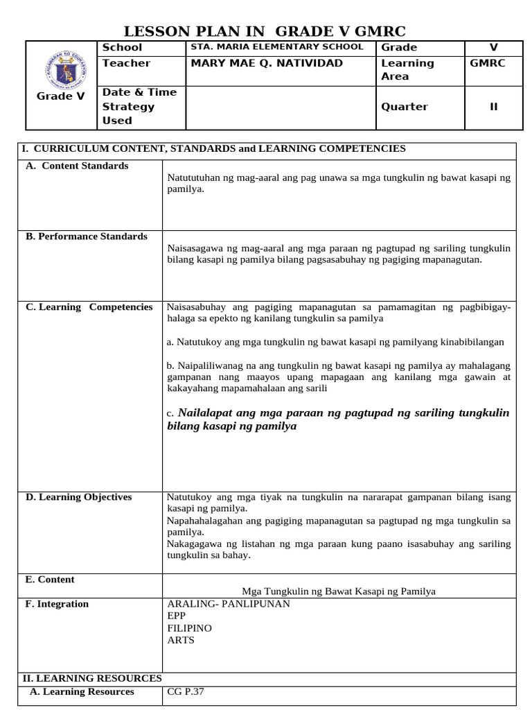 MATATAG LESSON PLAN TEMPLATE Portrait | PDF