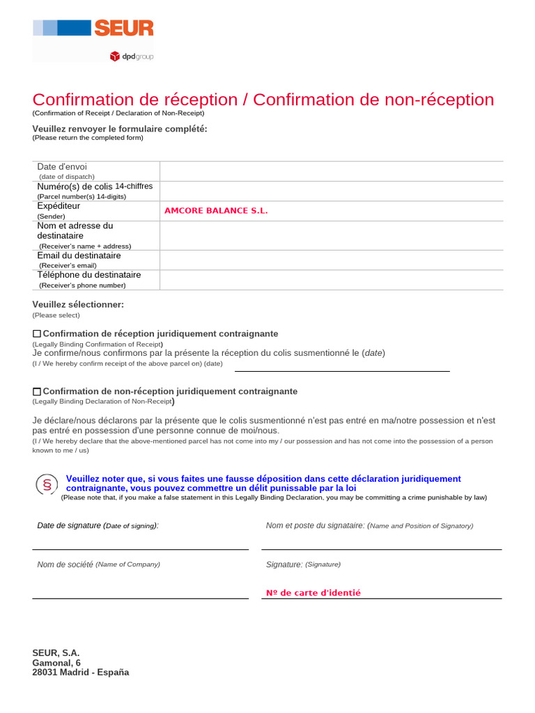 Confirmation de réception AMCORE BALANCE | PDF