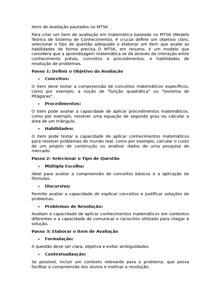 Avaliação em Matemática com MTSK | PDF | Matemática