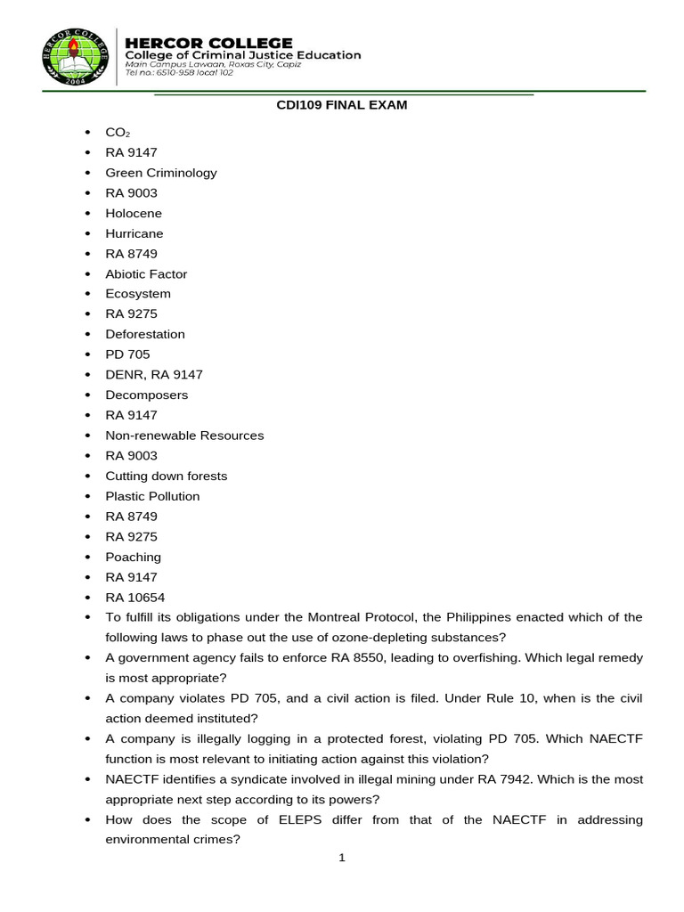 Environmental Law and Conservation Exam Guide | PDF | Conservation ...