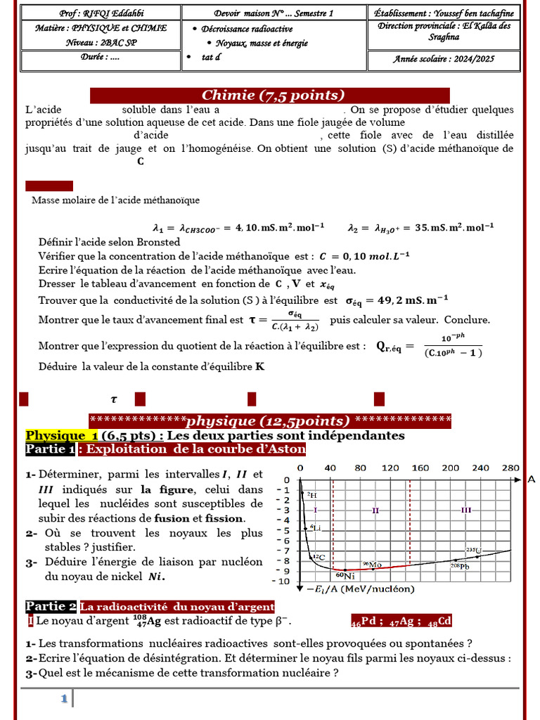 Devoir de Physique-Chimie 2BAC SP 2024 | PDF | Noyau atomique ...