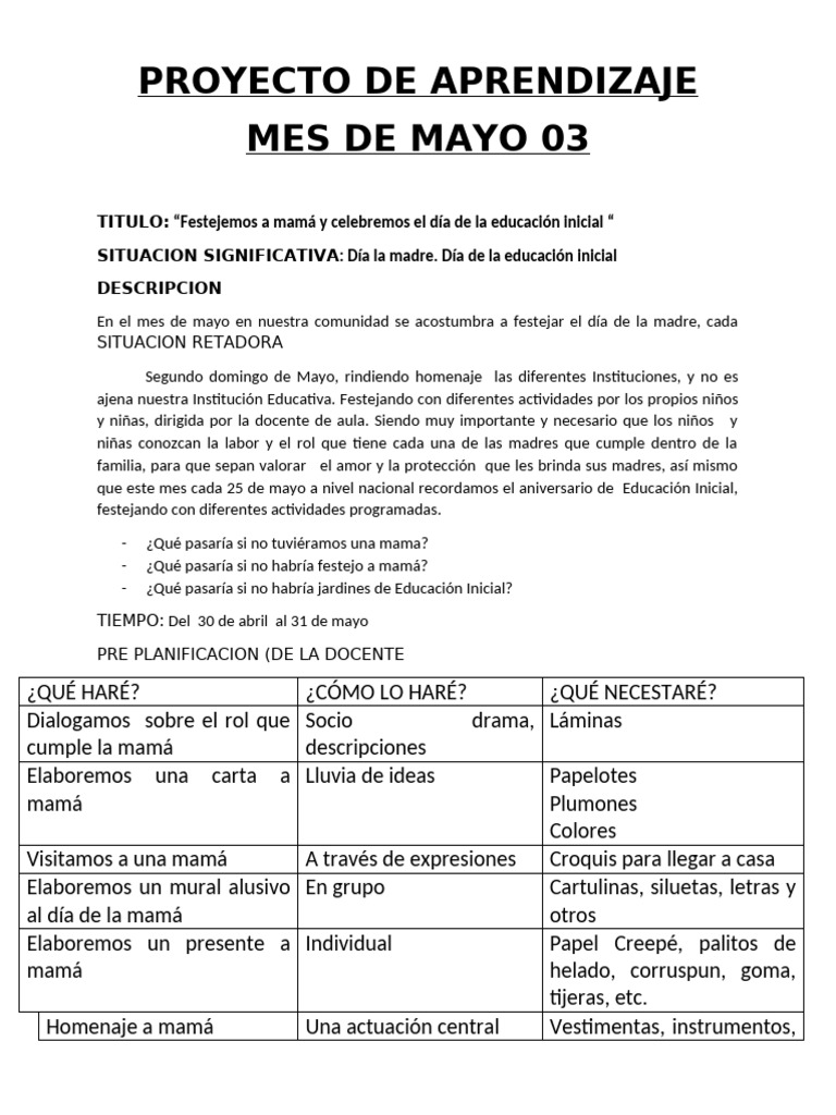 Proyecto Del Mes de Mayo Desenpeños 2018 | PDF | Aprendizaje | Las ...