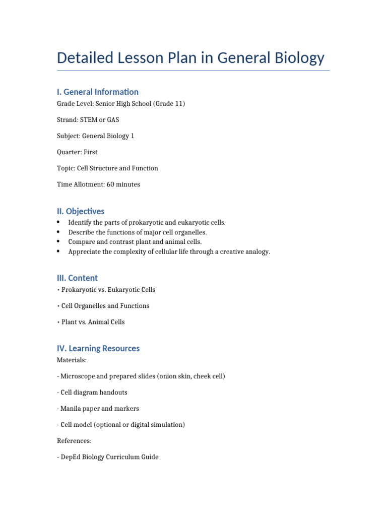 Lesson Plan: Cell Structure & Function | PDF