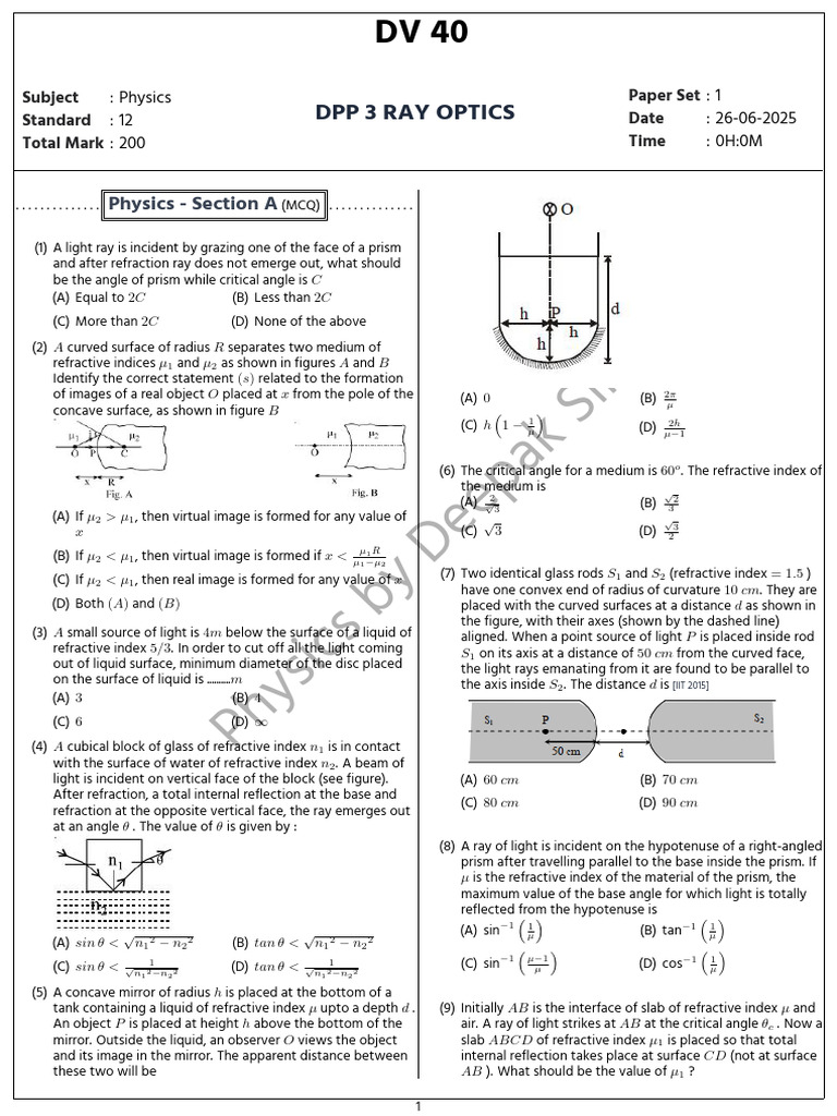 Ray Optics DPP for Class 12 Physics | PDF | Reflection (Physics ...