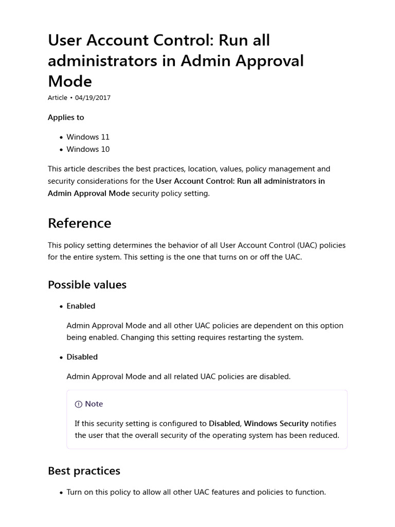 UAC: Admin Approval Mode Overview | PDF | Group Policy | Computer Security