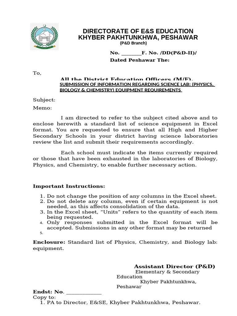 Science Lab Equipments Requirement in All School of KP | PDF